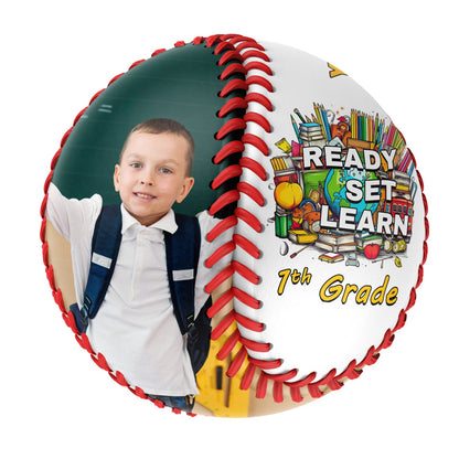 Custom White Ready Set Learn Starting School 7th Grade Photo Baseballs