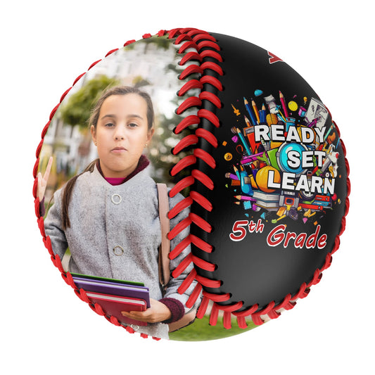 Custom Black Ready Set Learn Starting School 5th Grade Photo Baseballs