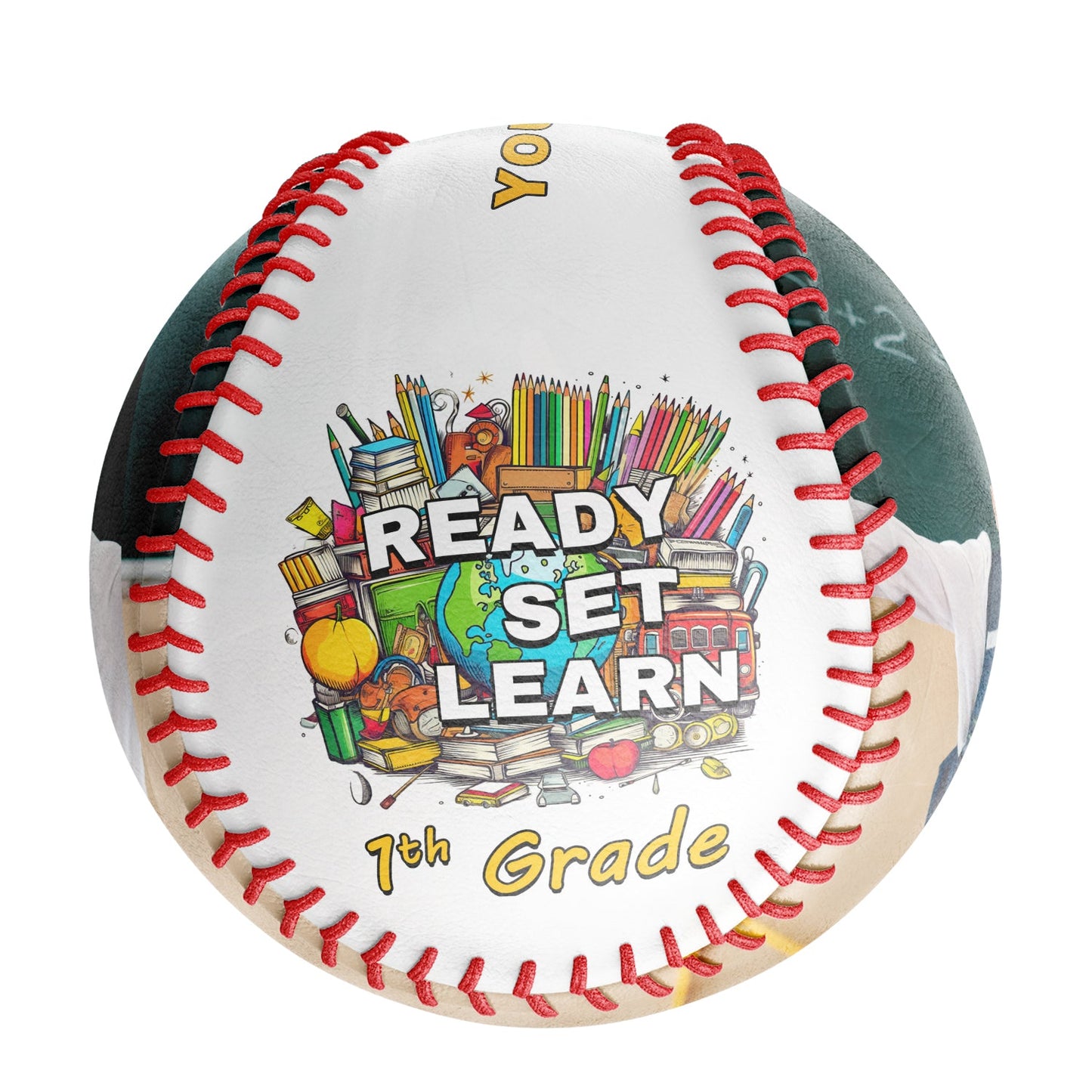 Custom White Ready Set Learn Starting School 7th Grade Photo Baseballs