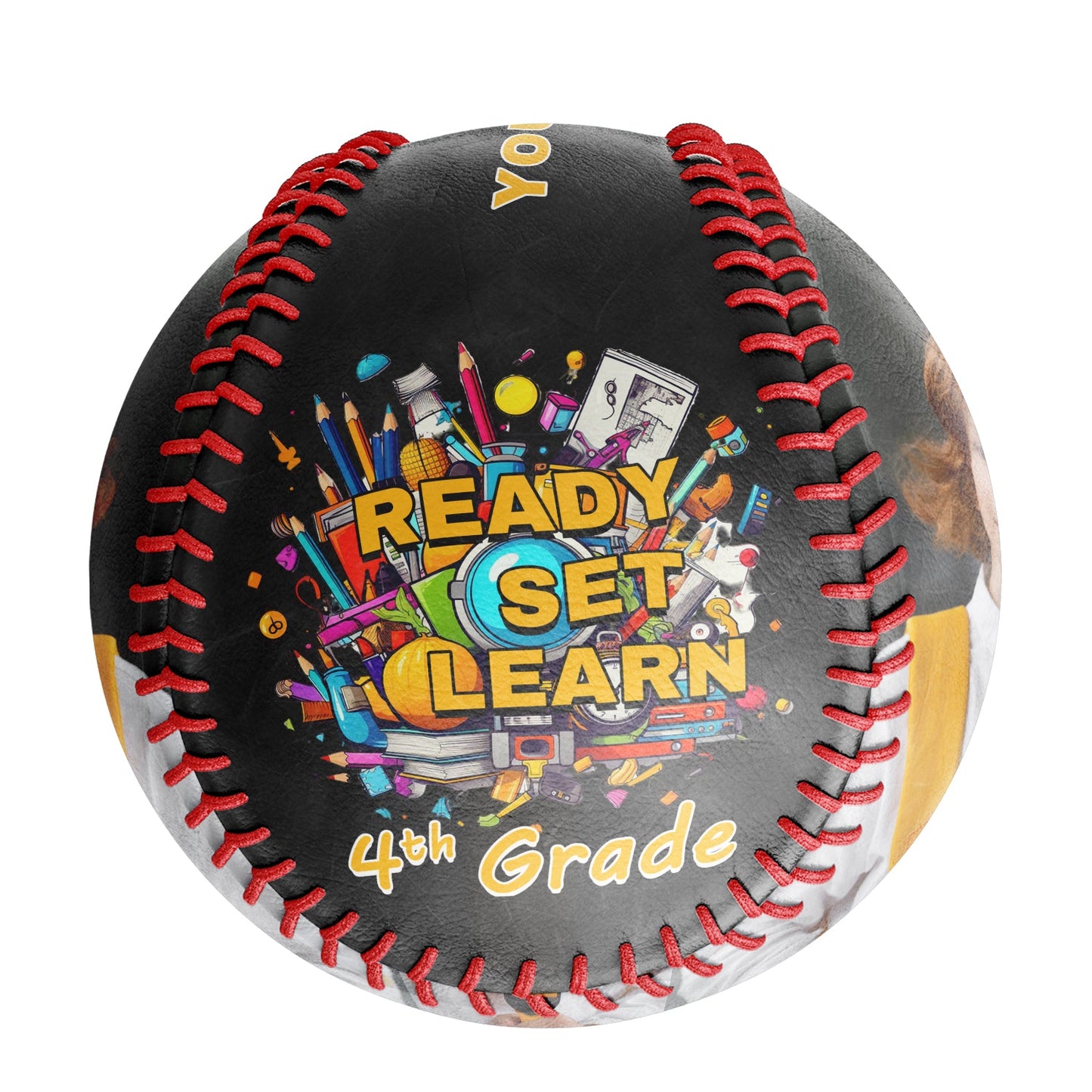 Custom Black Ready Set Learn Starting School 4th Grade Photo Baseballs