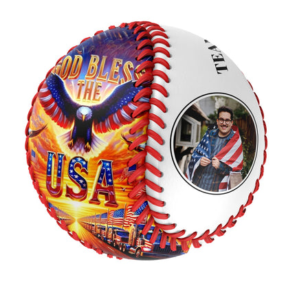 Custom White Gold Bless USA Flag Eagle Photo Baseballs