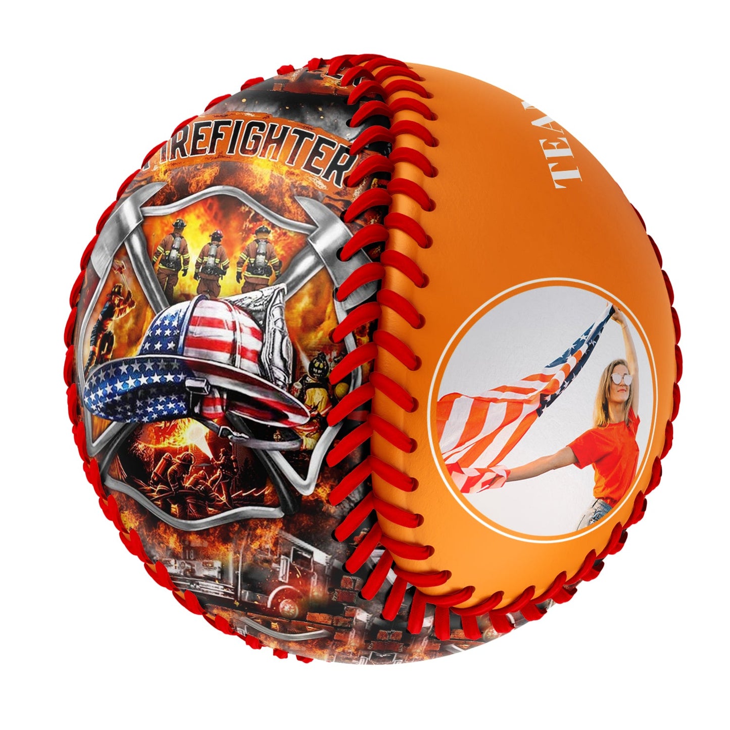 Custom Bay Orange American Flag Firefighter Photo Baseballs