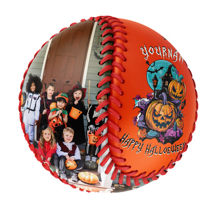 Custom Orange Happy Halloween Pumpkin Bat Photo Baseballs