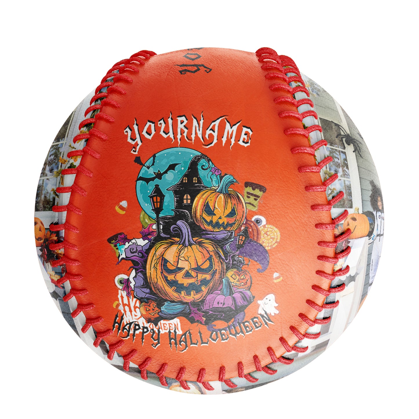 Custom Orange Happy Halloween Pumpkin Bat Photo Baseballs