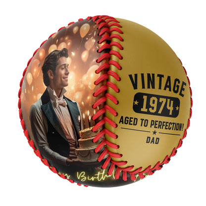 Personalized Dad Grandpa Birthday Name Time Photo Old Gold Baseballs