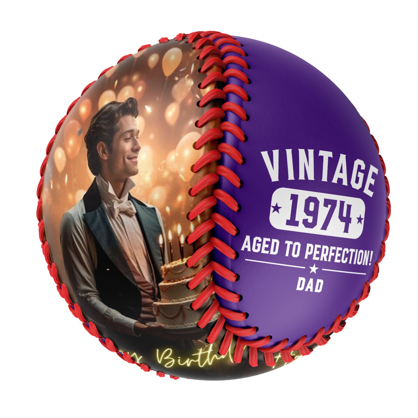 Personalized Dad Grandpa Birthday Name Time Photo Purple Baseballs