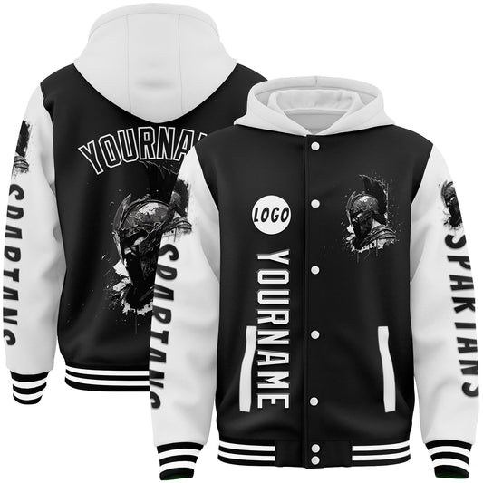 Custom Black White Retro Spartan Bomber Full-Snap Varsity Letterman Two Tone Hoodie Jacket