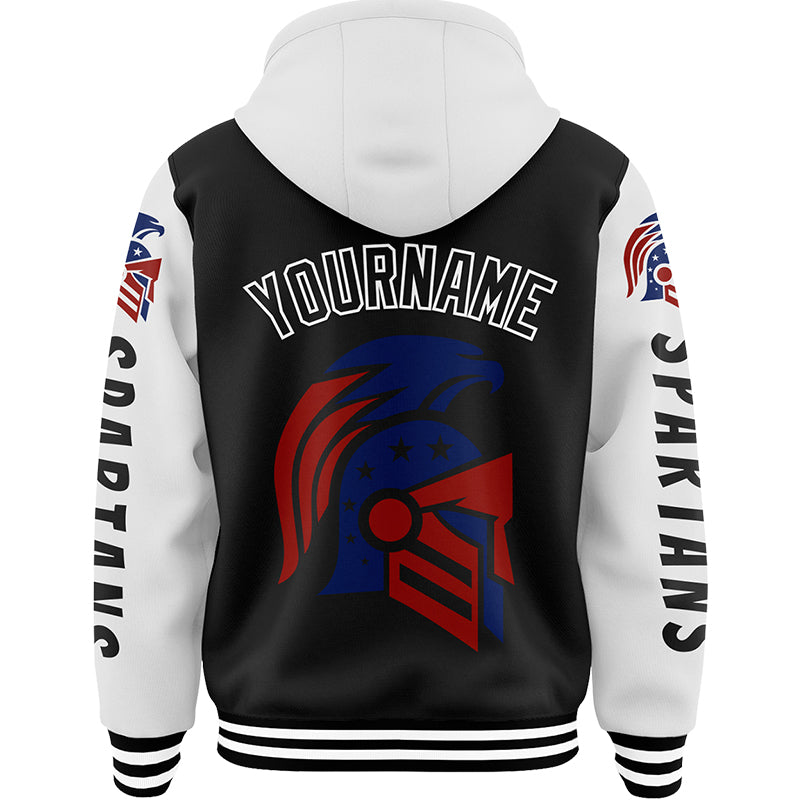 Custom Black White American Eagle Spartan Bomber Full-Snap Varsity Letterman Two Tone Hoodie Jacket