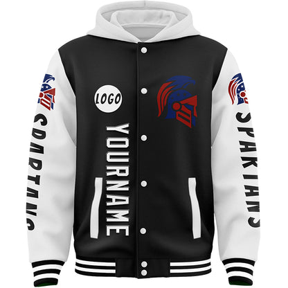 Custom Black White American Eagle Spartan Bomber Full-Snap Varsity Letterman Two Tone Hoodie Jacket