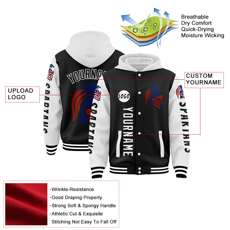 Custom Black White American Eagle Spartan Bomber Full-Snap Varsity Letterman Two Tone Hoodie Jacket