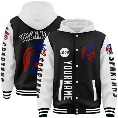 Custom Black White American Eagle Spartan Bomber Full-Snap Varsity Letterman Two Tone Hoodie Jacket