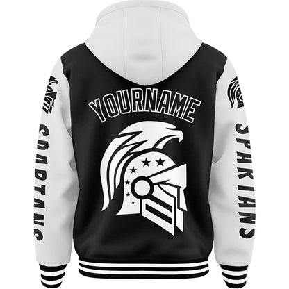 Custom Black White American Eagle Spartan Bomber Full-Snap Varsity Letterman Two Tone Hoodie Jacket