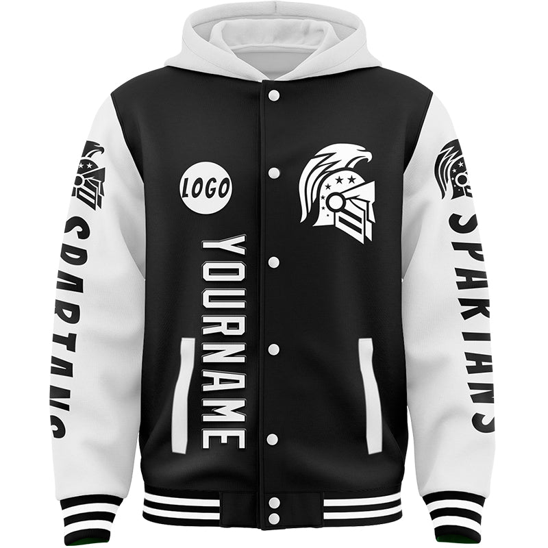 Custom Black White American Eagle Spartan Bomber Full-Snap Varsity Letterman Two Tone Hoodie Jacket