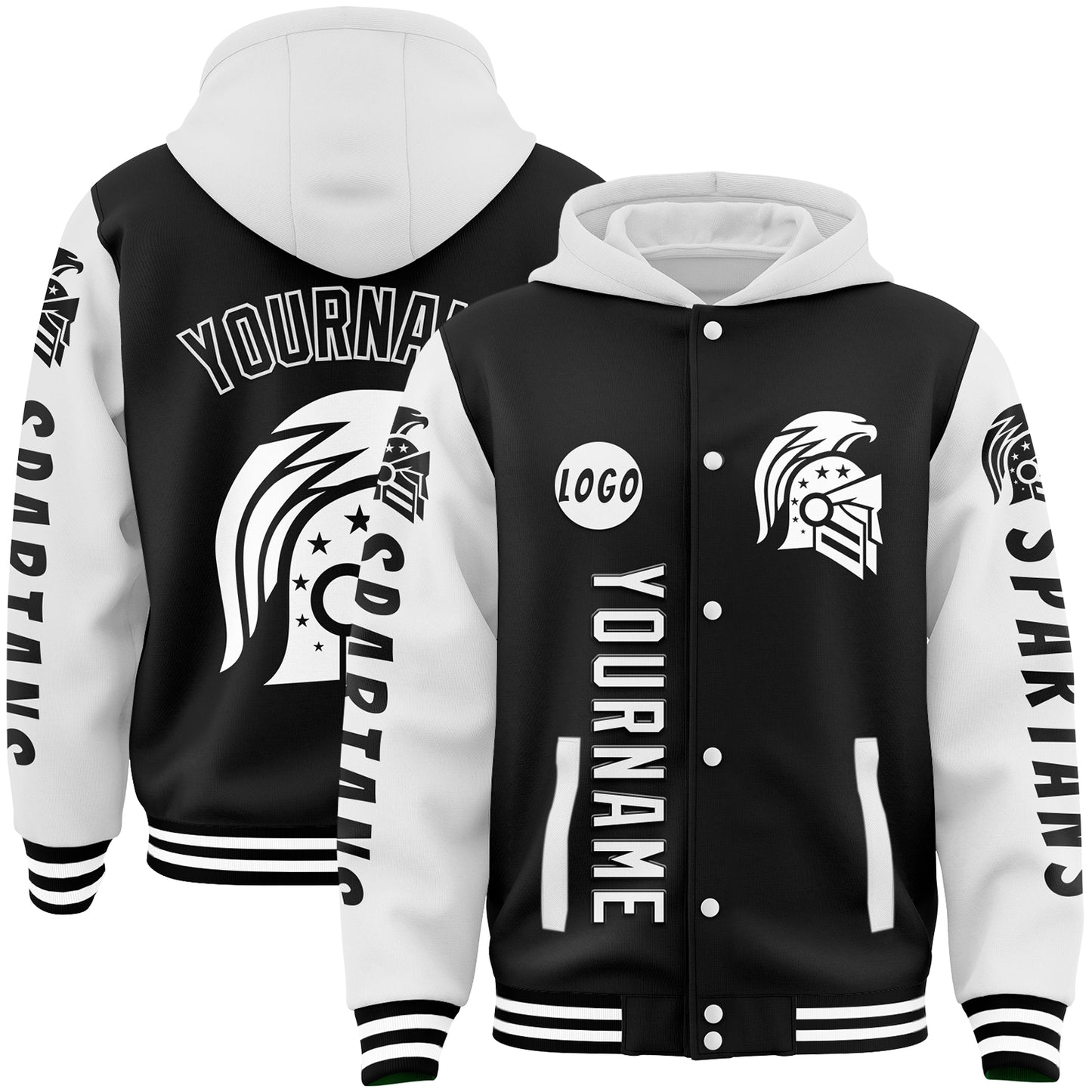 Custom Black White American Eagle Spartan Bomber Full-Snap Varsity Letterman Two Tone Hoodie Jacket