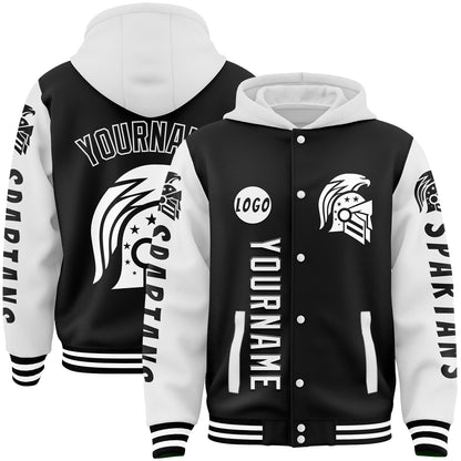 Custom Black White American Eagle Spartan Bomber Full-Snap Varsity Letterman Two Tone Hoodie Jacket