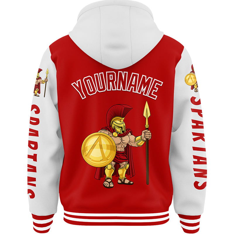 Custom Red White Spartan Warrior Bomber Full-Snap Varsity Letterman Two Tone Hoodie Jacket