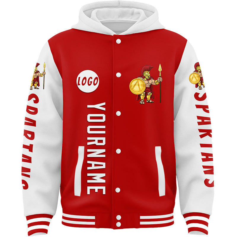 Custom Red White Spartan Warrior Bomber Full-Snap Varsity Letterman Two Tone Hoodie Jacket