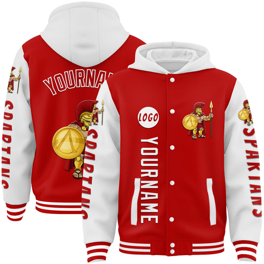 Custom Red White Spartan Warrior Bomber Full-Snap Varsity Letterman Two Tone Hoodie Jacket