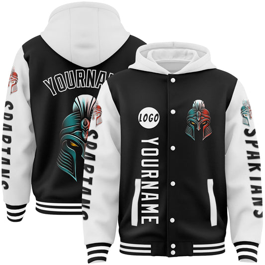 Custom Black White Spartan Helmet Bomber Full-Snap Varsity Letterman Two Tone Hoodie Jacket