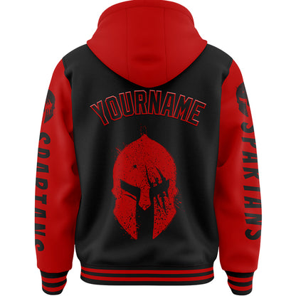 Custom Black Red Spartan Scratched Helmet Bomber Full-Snap Varsity Letterman Two Tone Hoodie Jacket