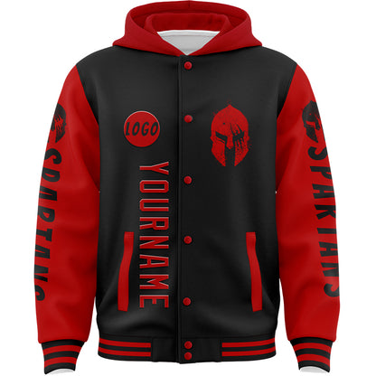 Custom Black Red Spartan Scratched Helmet Bomber Full-Snap Varsity Letterman Two Tone Hoodie Jacket