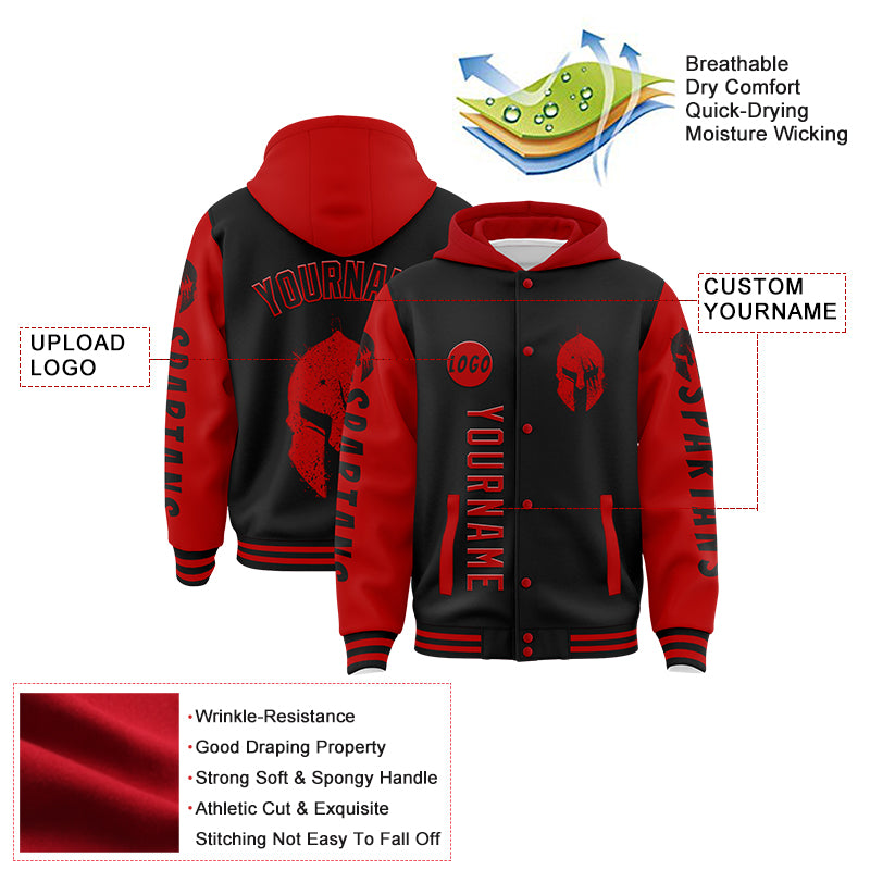 Custom Black Red Spartan Scratched Helmet Bomber Full-Snap Varsity Letterman Two Tone Hoodie Jacket