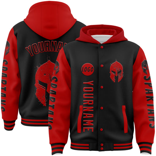 Custom Black Red Spartan Scratched Helmet Bomber Full-Snap Varsity Letterman Two Tone Hoodie Jacket