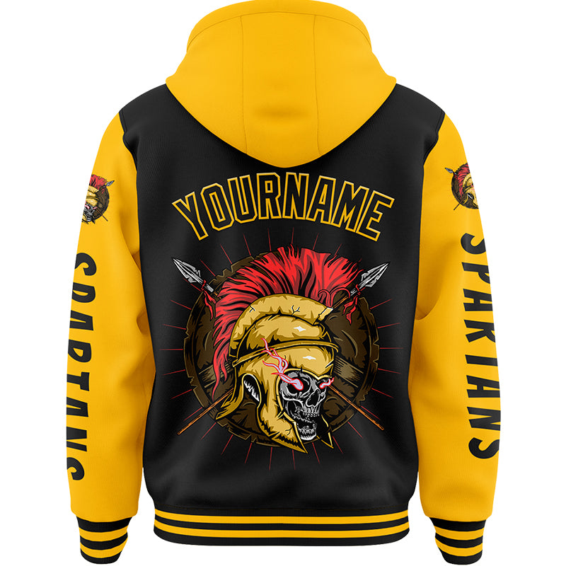 Custom Black Gold Spartan Skull Bomber Full-Snap Varsity Letterman Two Tone Hoodie Jacket