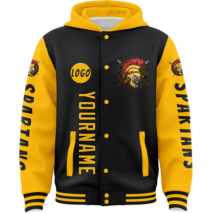 Custom Black Gold Spartan Skull Bomber Full-Snap Varsity Letterman Two Tone Hoodie Jacket