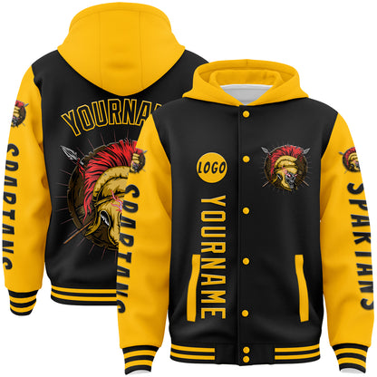 Custom Black Gold Spartan Skull Bomber Full-Snap Varsity Letterman Two Tone Hoodie Jacket