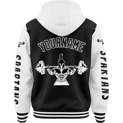 Custom Black White Spartan Fitness Bomber Full-Snap Varsity Letterman Two Tone Hoodie Jacket