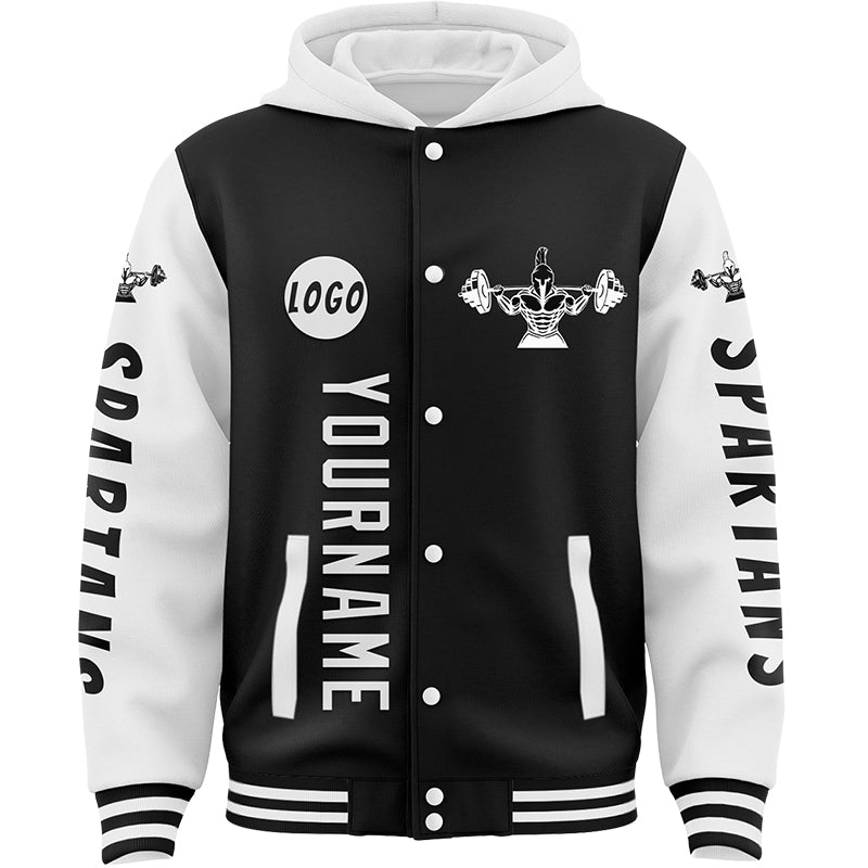 Custom Black White Spartan Fitness Bomber Full-Snap Varsity Letterman Two Tone Hoodie Jacket