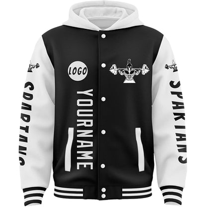 Custom Black White Spartan Fitness Bomber Full-Snap Varsity Letterman Two Tone Hoodie Jacket