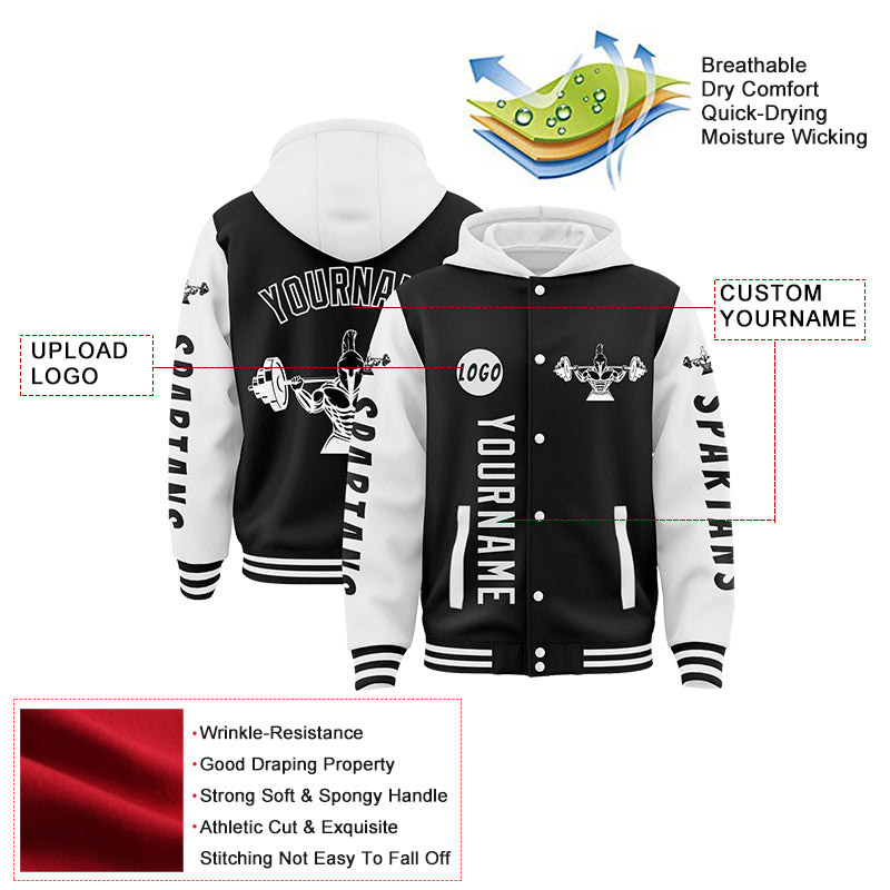 Custom Black White Spartan Fitness Bomber Full-Snap Varsity Letterman Two Tone Hoodie Jacket