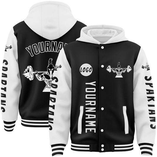 Custom Black White Spartan Fitness Bomber Full-Snap Varsity Letterman Two Tone Hoodie Jacket