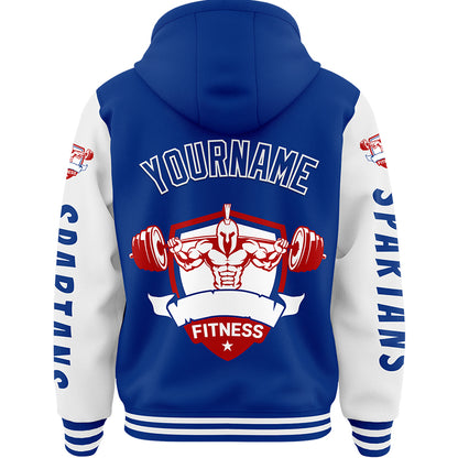 Custom Royal White Spartan Fitness Bomber Full-Snap Varsity Letterman Two Tone Hoodie Jacket