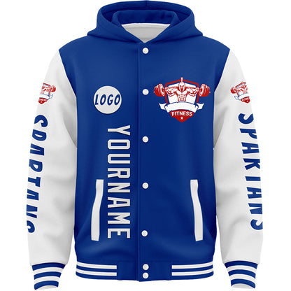 Custom Royal White Spartan Fitness Bomber Full-Snap Varsity Letterman Two Tone Hoodie Jacket