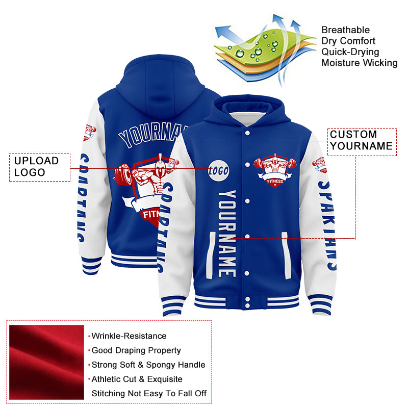 Custom Royal White Spartan Fitness Bomber Full-Snap Varsity Letterman Two Tone Hoodie Jacket