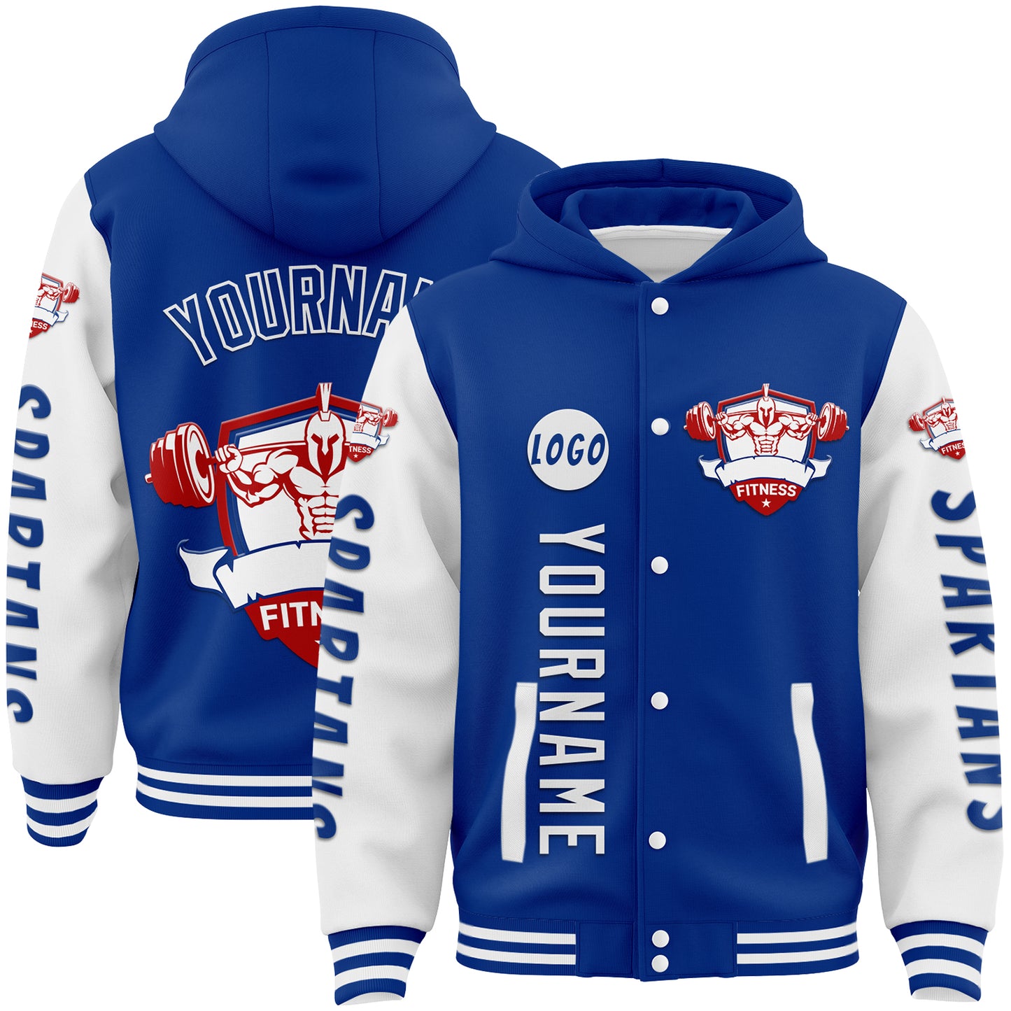 Custom Royal White Spartan Fitness Bomber Full-Snap Varsity Letterman Two Tone Hoodie Jacket