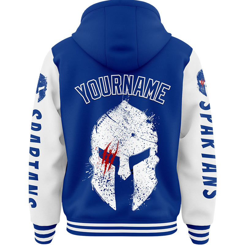 Custom Royal White Spartan Scratches Bomber Full-Snap Varsity Letterman Two Tone Hoodie Jacket