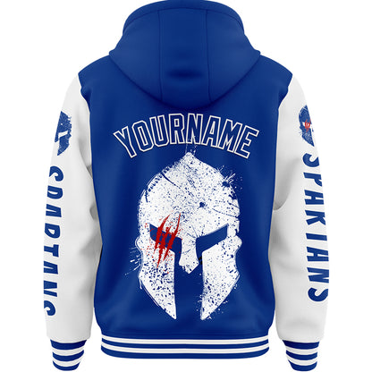 Custom Royal White Spartan Scratches Bomber Full-Snap Varsity Letterman Two Tone Hoodie Jacket