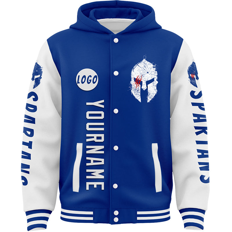 Custom Royal White Spartan Scratches Bomber Full-Snap Varsity Letterman Two Tone Hoodie Jacket