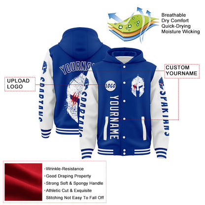 Custom Royal White Spartan Scratches Bomber Full-Snap Varsity Letterman Two Tone Hoodie Jacket