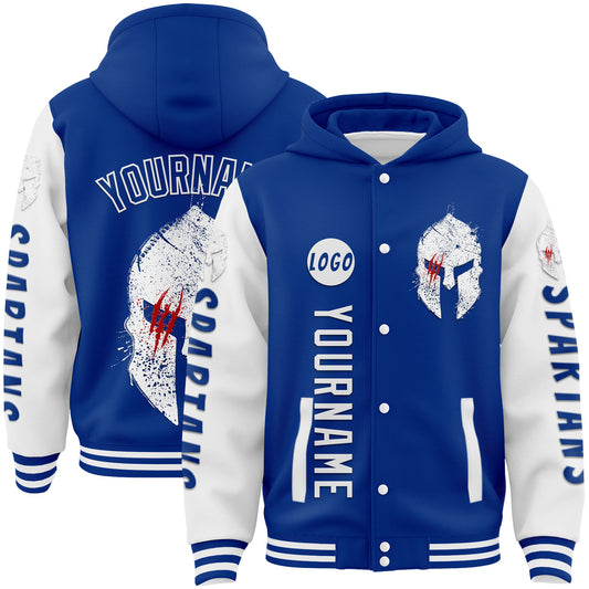 Custom Royal White Spartan Scratches Bomber Full-Snap Varsity Letterman Two Tone Hoodie Jacket