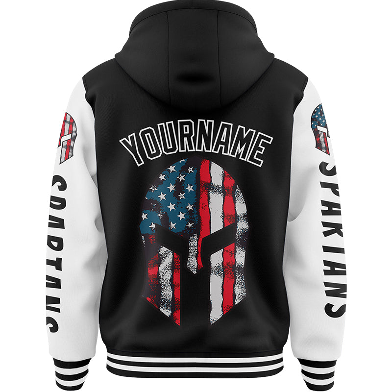 Custom Black White American Flag Spartan Bomber Full-Snap Varsity Letterman Two Tone Hoodie Jacket