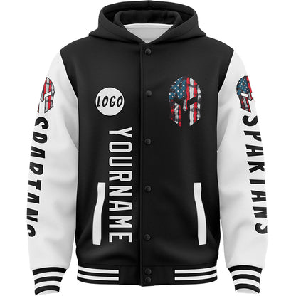 Custom Black White American Flag Spartan Bomber Full-Snap Varsity Letterman Two Tone Hoodie Jacket