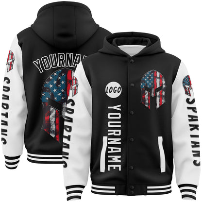 Custom Black White American Flag Spartan Bomber Full-Snap Varsity Letterman Two Tone Hoodie Jacket