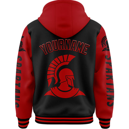 Custom Black Red Spartan Bomber Full-Snap Varsity Letterman Two Tone Hoodie Jacket