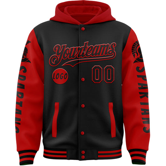 Custom Black Red Spartan Bomber Full-Snap Varsity Letterman Two Tone Hoodie Jacket