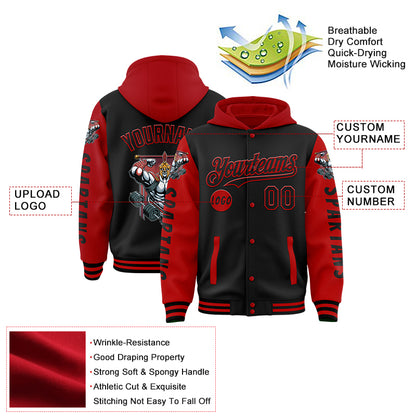 Custom Black Red Spartan Fitness Barbell Bomber Full-Snap Varsity Letterman Two Tone Hoodie Jacket